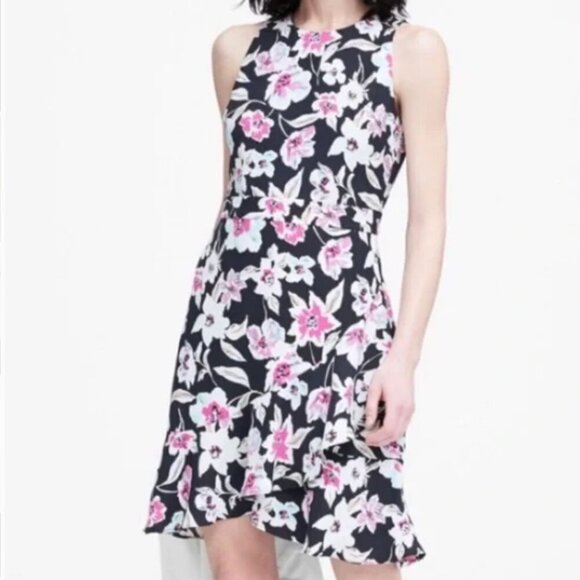 Banana Republic Floral Ruffle Wrap Racerback Dress Navy & Purple Floral 0 - Picture 2 of 15